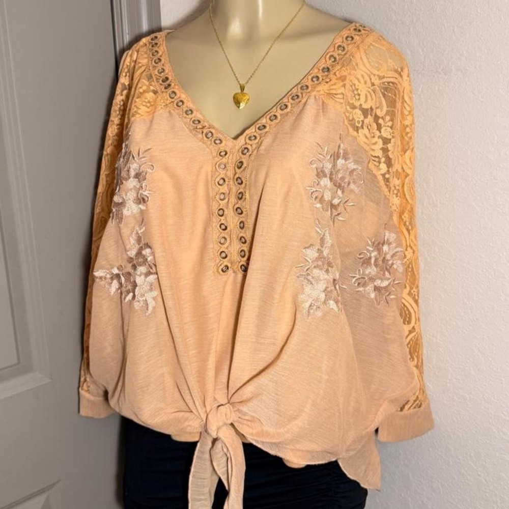 Venus dolman type blouse with floral embroidery and lace trim